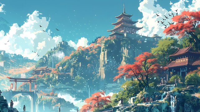 Stunning Anime-style Japanese Landscape with Pagoda and Flying Birds, To provide a visually appealing and relaxing background image for electronic