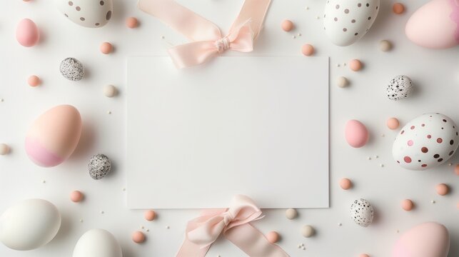 Easter eggs with a blank card and pink ribbon on a neutral background