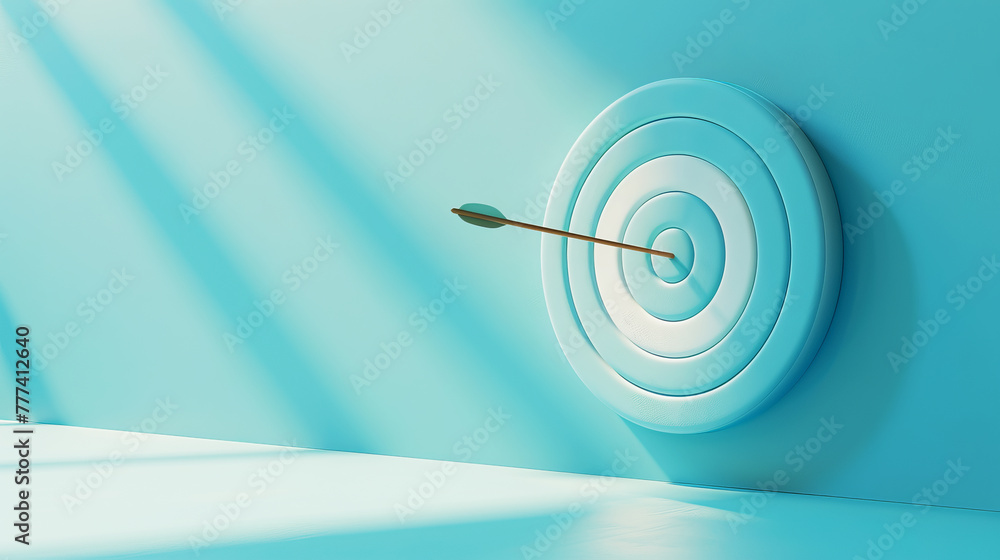 Poster arrow in center of a target on a blue background, minimalistic style, concept of accuracy. generativ