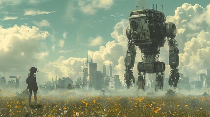 Fototapeta premium Woman and Girl in Field with Giant Robot, To convey a sense of harmony between nature and technology in a unique and eye-catching way
