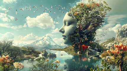 Woman with Forest in Her Head in a Lake Surrounded by Birds, To provide a unique and captivating visual for use in surrealistic and metamodern