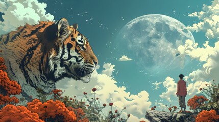 Young man gazing at a tiger under the moonlit sky, Ideal for conveying a sense of wonder and adventure, this captivating image of a young man and a - obrazy, fototapety, plakaty