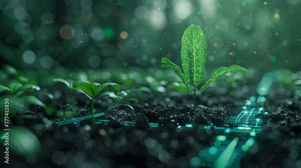 Poster graphics and data displayed on the right side of the screen, accompanied by a green sprout emerging 