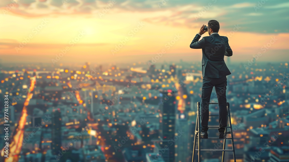 Poster a businessman on a ladder using binoculars over a cityscape during sunset, highlighting the concept 