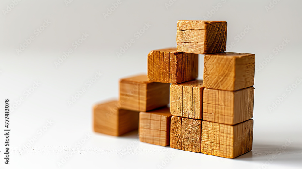 Poster wooden blocks stacked in a pyramid shape on a white background, illustrating stability concept. gene