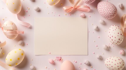 Easter eggs and ribbons with a blank card for custom messages