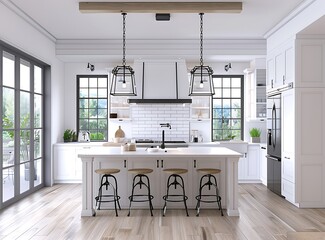 White modern farmhouse kitchen with island, pendant lights and white cabinets in the style of luxury home interior design - obrazy, fototapety, plakaty