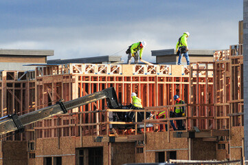 Construction workers frame a multi-unit residential building, working on scaffolding and rooftops...