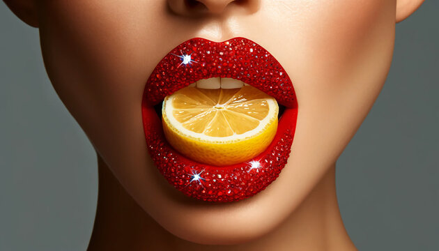 A close-up image of the lower half of a female model's face. The model is biting into a cut half of a lemon. Her lips are adorned with bright
