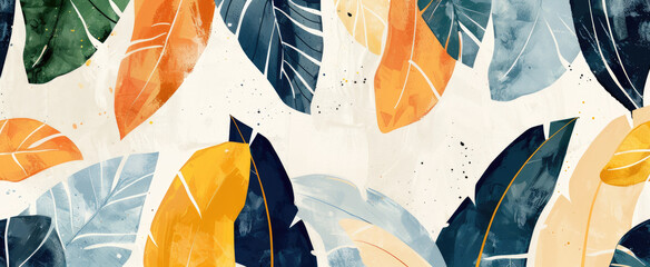 Modern and minimalist illustration of tropical leaves in various sizes, with clean lines and soft pastel colors including navy blue, cream beige, mustard yellow, burnt orange, teal green, off white