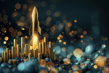 A stylized rocket ship composed of rising golden bars blasts off with a trail of glowing sparks, symbolizing rapid growth and exceeding expectations. Copy space
