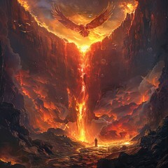 Quests for the fire of the phoenix hidden in volcanic ruins - obrazy, fototapety, plakaty