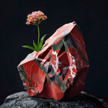 Red Jasper stone, Skimmia japonica 'Fragrans' flower,  A delicate pink Scabiosa flower perches on a bold red and white rock, symbolic of resilience and beauty