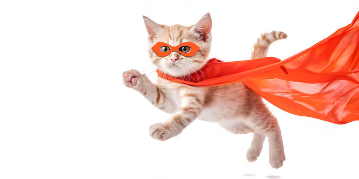 close up a superhero supercat kitten Kitten isolated on white background with  a red cloak and mask