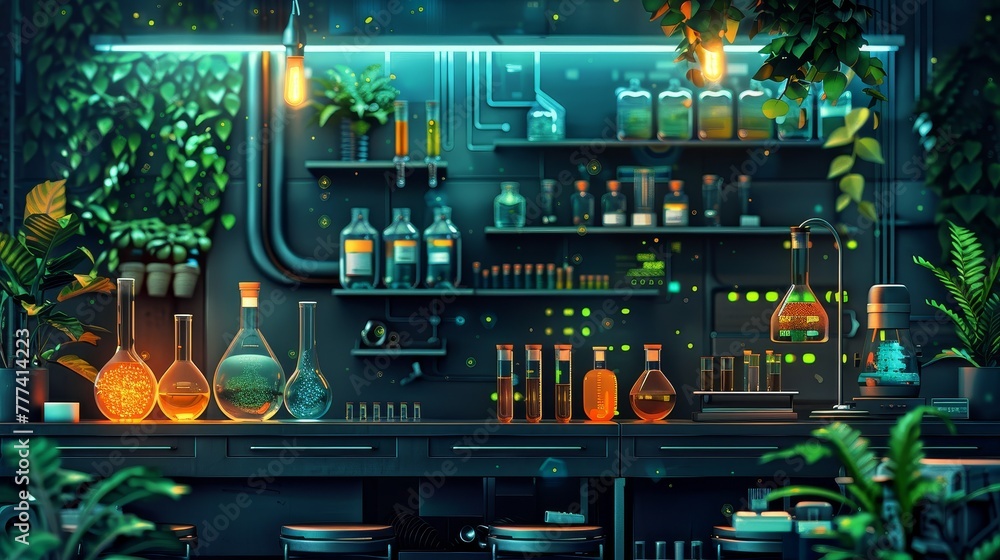 Wall mural organic science laboratory, featuring advanced equipment and verdant foliage,