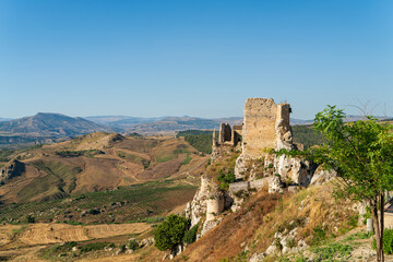 Fototapeta na wymiar Pietraperzia, Sicily, Italy. Castello di Pietraperzia - castle, landmark. Summer sunny day