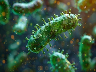 A computer generated image of a green bacteria, an aquatic organism found underwater. It resembles marine invertebrates and plays a vital role in marine biology within the reef ecosystem