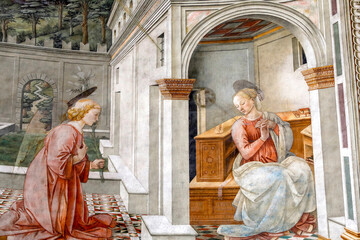 Cattedrale di Santa Maria Assunta or Duomo di Spoleto, Saint MaryÕs Assumption cathedral, Spoleto, Italy. Life of the Virgin by Filippo Lippi, 1467-1469. The Annunciation