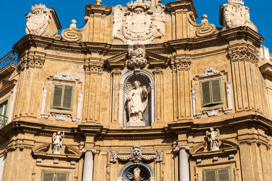 Palermo, Sicily, Italy. Facade at Quattro Canti square in Palermo. Sunny summer day