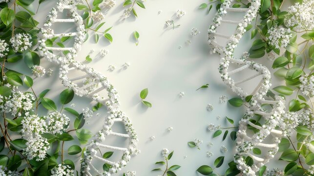 A stunning 3D illustration featuring the DNA structure intertwined with plants and natural elements