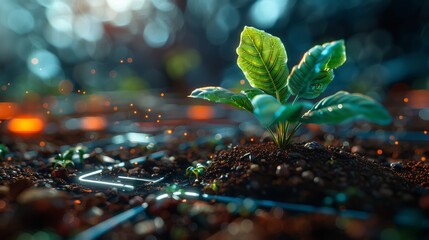 A tiny plant sprouts from the earth against a futuristic scene - obrazy, fototapety, plakaty