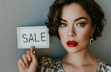 Photo of a beautiful woman with brown hair and red lipstick, holding up the word "SALE" on her right hand next to it is a sign that says sale