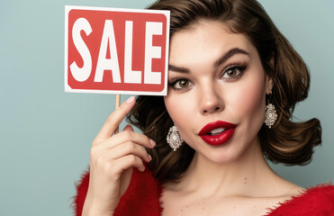 Photo of a beautiful woman with brown hair and red lipstick, holding up the word 