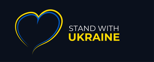 stand with ukraine text on map of ukraine and ribbon nation flag roll wave make heart shape vector design. stop war, ukraine russia invasion conflict modern creative banner, sign. vector illustration  - obrazy, fototapety, plakaty