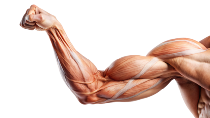 Muscular male torso isolated, displaying strength and power, featuring defined biceps, strong arms, and athletic physique