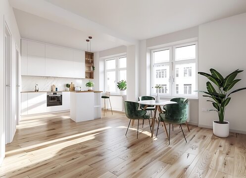Wide angle photo of a bright modern apartment dining room with white walls, wooden floor and large windows