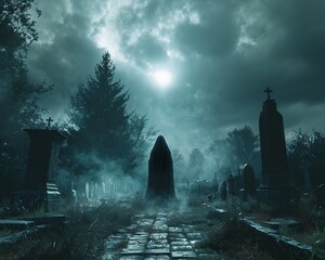Visualize a chilling scene of a ghostly apparition emerging from the darkness in a deserted graveyard, using creative angles and lighting to create a hair-raising atmosphere of fear and suspense - obrazy, fototapety, plakaty