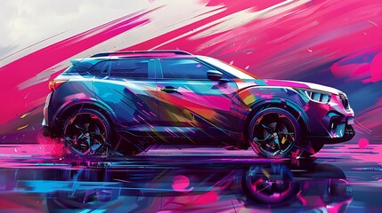 Transform a side view into an electrifying display of bold colors and abstract shapes Capture the essence of energy and dynamism through your design