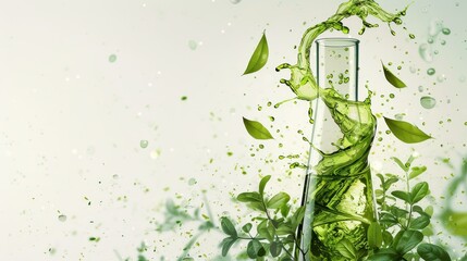 An artistic depiction of a green glass beaker filled with liquid and plants
