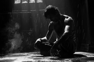 Sad depressed despair man sitting on floor and crying - obrazy, fototapety, plakaty