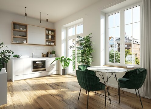 Wide angle photo of a bright modern apartment dining room with white walls, wooden floor and large windows
