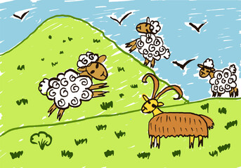 Cartoon Sheep and Goat on Green Hill