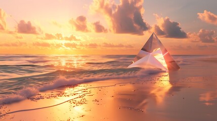 an AI-generated image featuring a serene beach scene with a futuristic prism emerging from the sand, symbolizing endless possibilities against a golden sunset backdrop attractive look