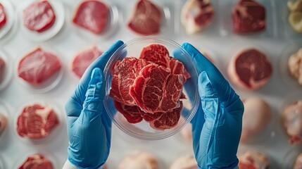Fototapeta premium An image featuring blue-gloved hands holding a petri dish filled with meat steaks