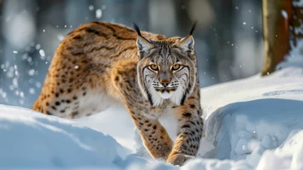 Muurstickers Canada lynx walking on snow © outdoorsman