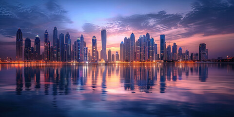 Stunning Dubai Skyline at Sunset with Reflection of Water and Sky in Buildings, Captured in Perfect Harmony