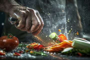 Chef utilizza abilmente un coltello da cucina per tagliare le verdure fresche con precisione - obrazy, fototapety, plakaty