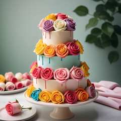 White fondant wedding cake with colorful roses decoration