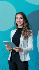 Upbeat Tech Entrepreneur with Tablet: Smiling Young Businesswoman in Stylish Workwear Against Modern Artistic Backdrop