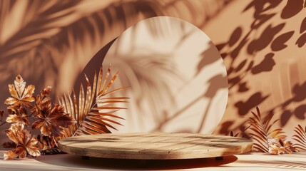 close up view of flat wooden podium with natural brown background and dry leaf shadow 3D background.Ai generated