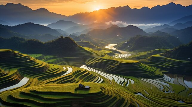 Rice terrace paddle field in sunset and dawn at Phong Nam