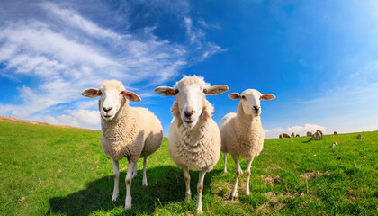 Three curious sheep stand in a open green field
