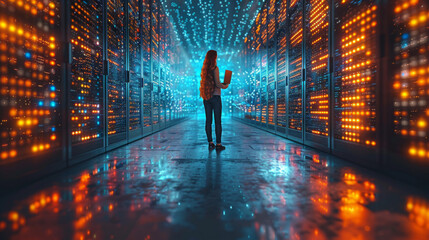 3D Graphics Concept: Big Data Center Female Chief Technology Officer Using Laptop Standing In Warehouse, Activates Servers, Information Digitalization Starts. SAAS, Cloud Computing, Web Service.