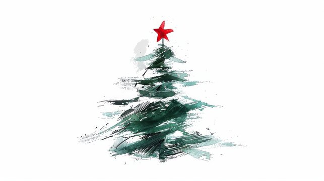 On an isolated white background, a large brush-drawn Christmas tree is topped with a red star