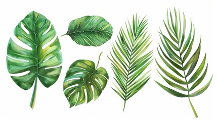 Exotic plants, palm leaves on an isolated white background, Watercolor botanical illustration.