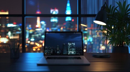 Illustration Workplace with notebook laptop on office work desk with city view. Ai generated